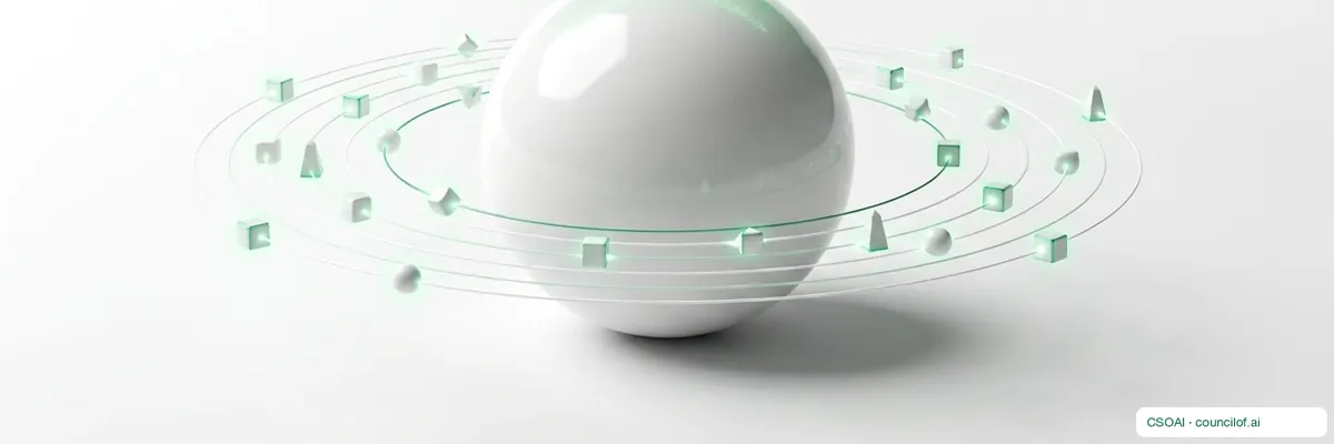 A pale sphere held inside thin orbital rings studded with green markers