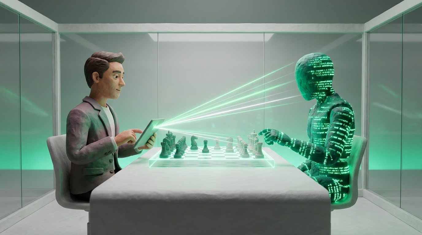 A human and an AI facing each other across a board, judged by a fixed rule