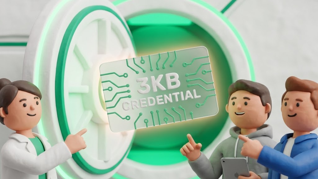 Clay figures pointing at a card reading “3KB credential” in front of an open vault
