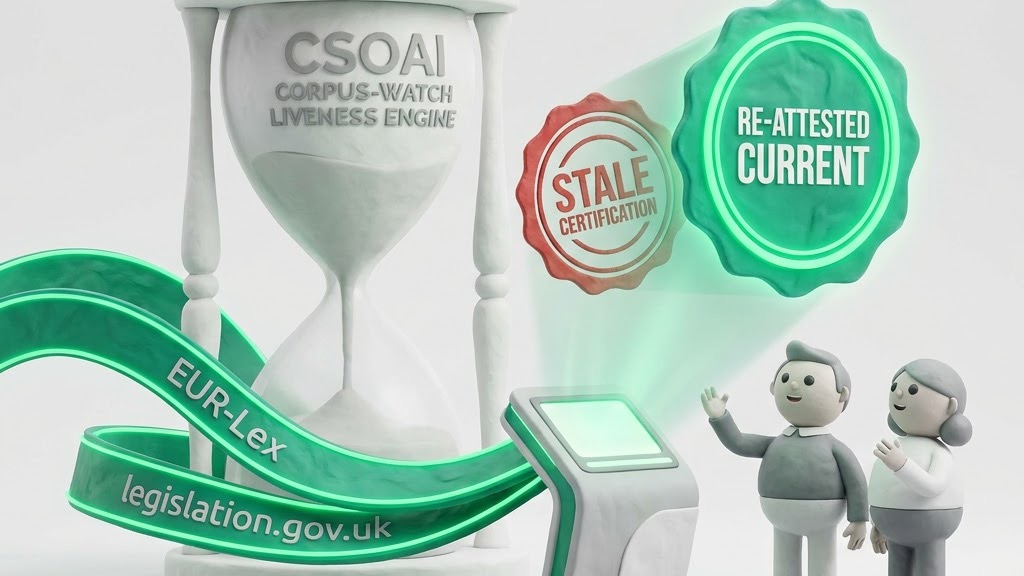 An hourglass weighing a stale seal against a re-attested current one, fed by EUR-Lex and legislation.gov.uk ribbons