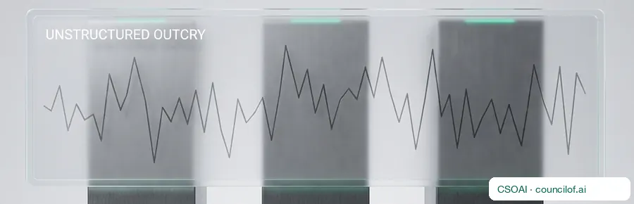 A raw jagged signal trace behind a glass panel labelled “unstructured outcry”