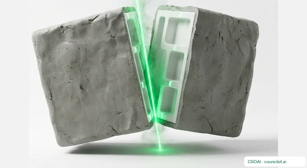 A pale moulded form lifting out of a split block of clay on a beam of green light