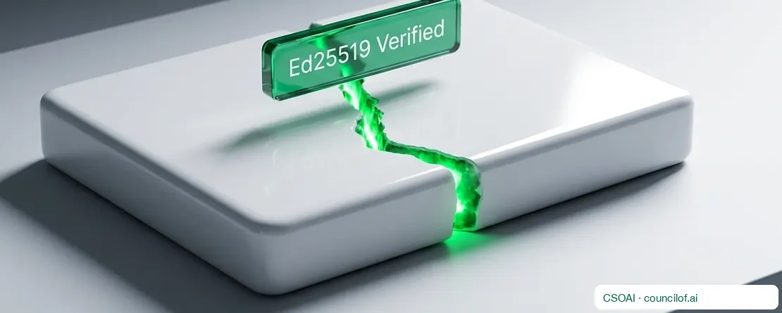 A pale slab split by green light, stamped “Ed25519 Verified”